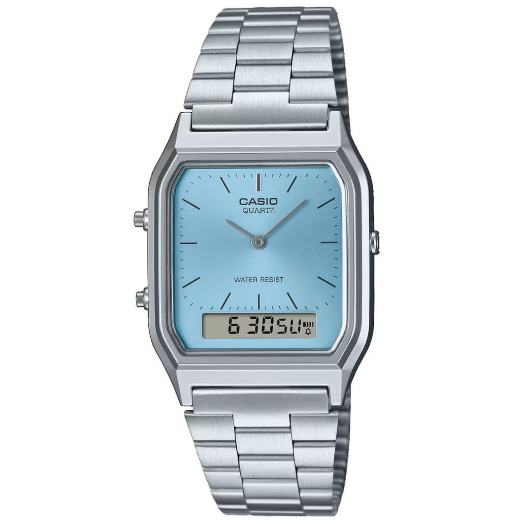 Casio AQ-230A-2A1 Retro Stainless Steel Turquoise Blue Dial Digital Analog Watch