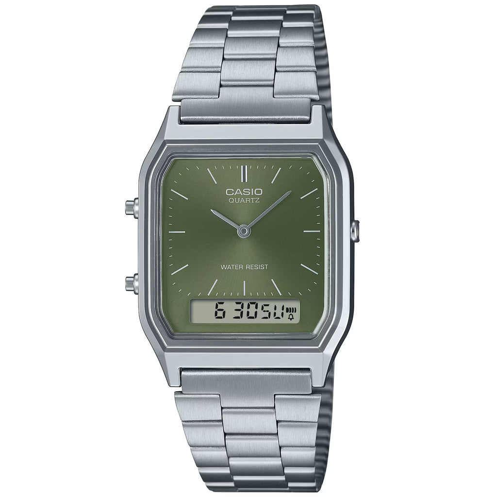 Casio Green Silver Retro Stainless Steel Unisex Digital Analog Watch AQ-230A-3A