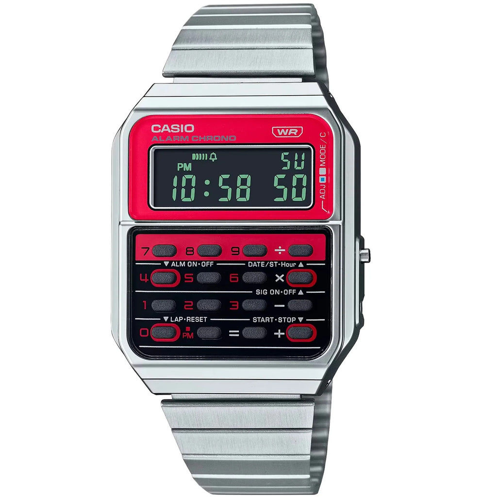 Casio Silver Red Retro Style Unisex Digital Calculator Watch CA-500WE-4B