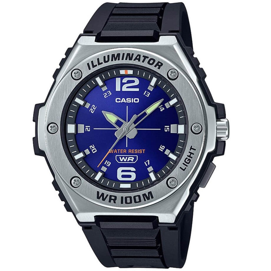 Casio Silver/Blue Dial Resin Band Men's 100m Analog Sports Watch MWA-100H-2A